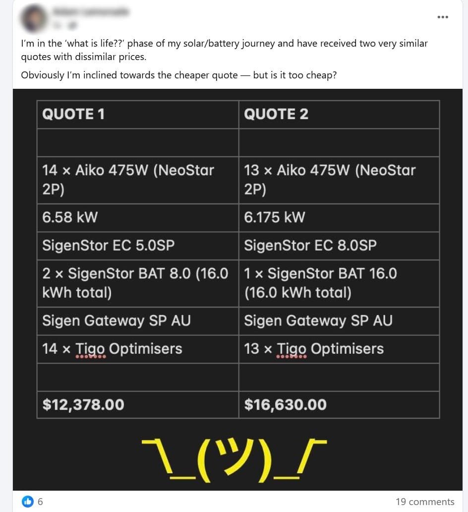 A post asking for a solar/battery quote to be rated.