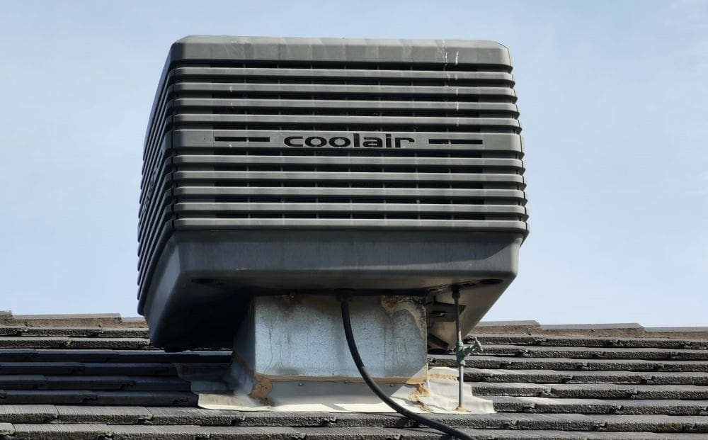 A ducted evaporative air conditioner's rooftop unit.