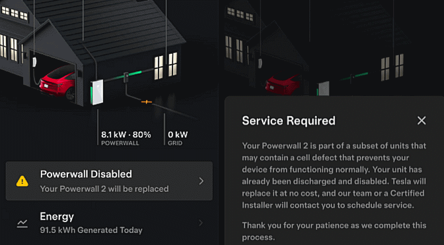 Powerwall recall message in the Tesla app.