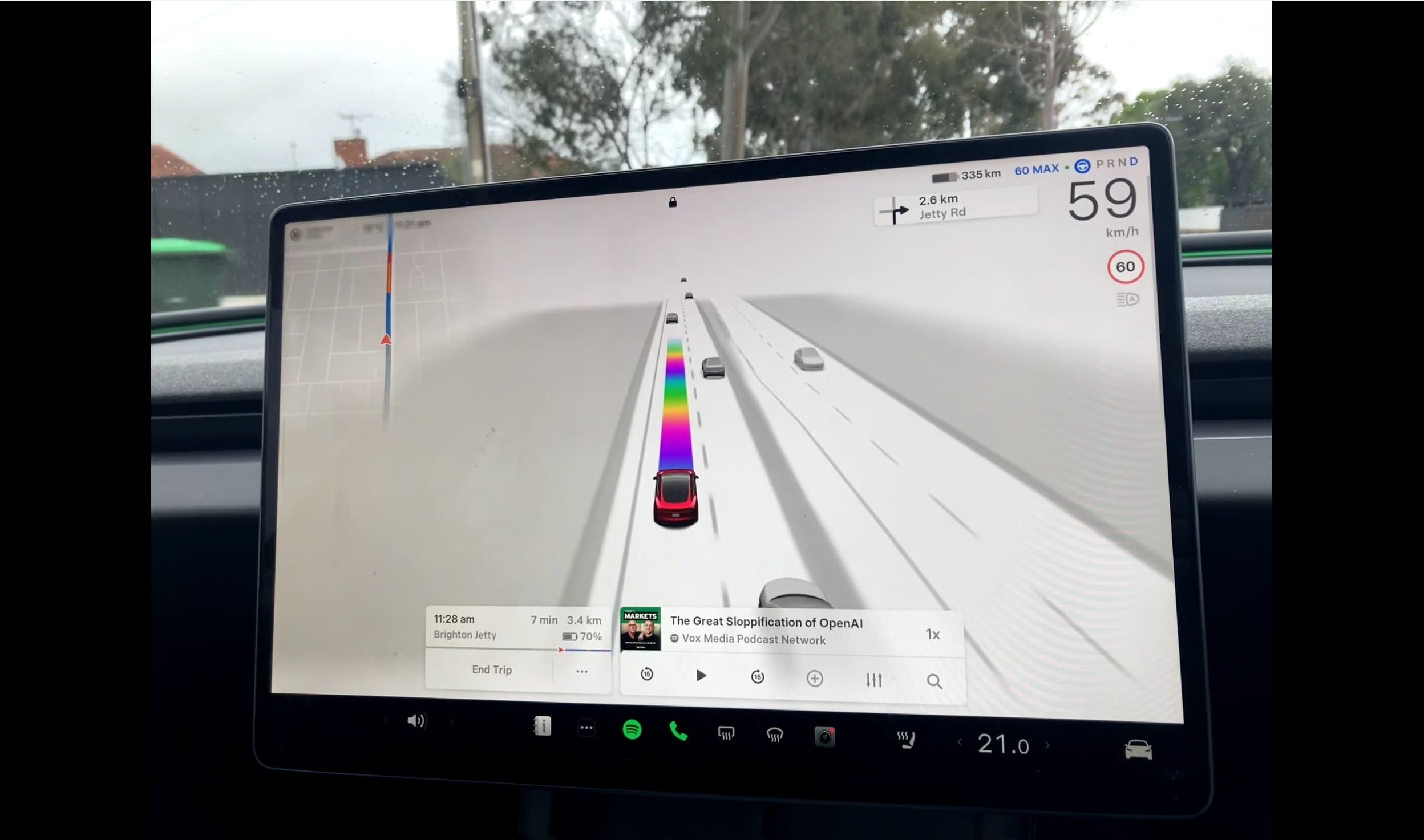 A screen showing Tesla's self-driving mode
