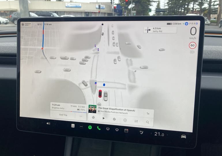 An image of what the Tesla displays on its screen when self driving.