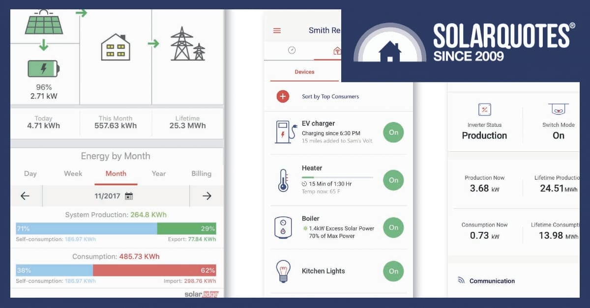 Screenshots of the mySolaredge solar monitoring app