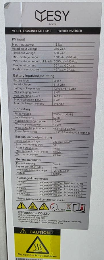 ESY Sunhome specification label