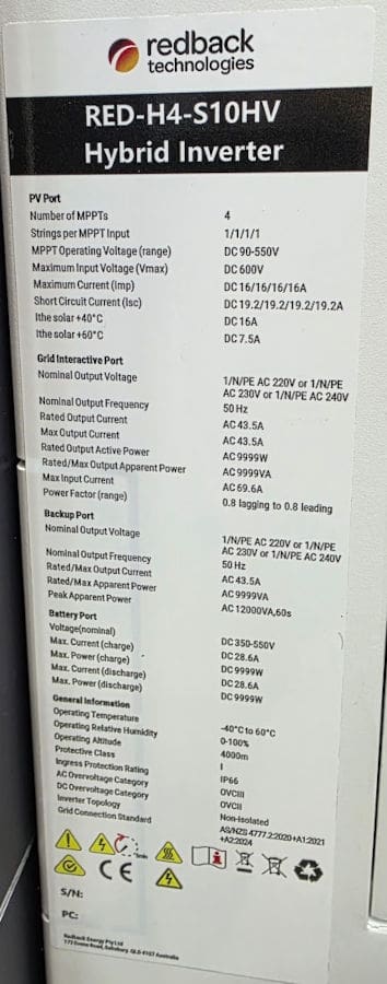 redback solar inverter label