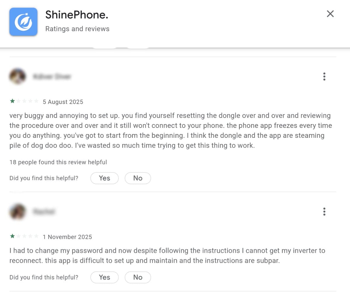 Negative reviews of Growatt solar monitoring apps