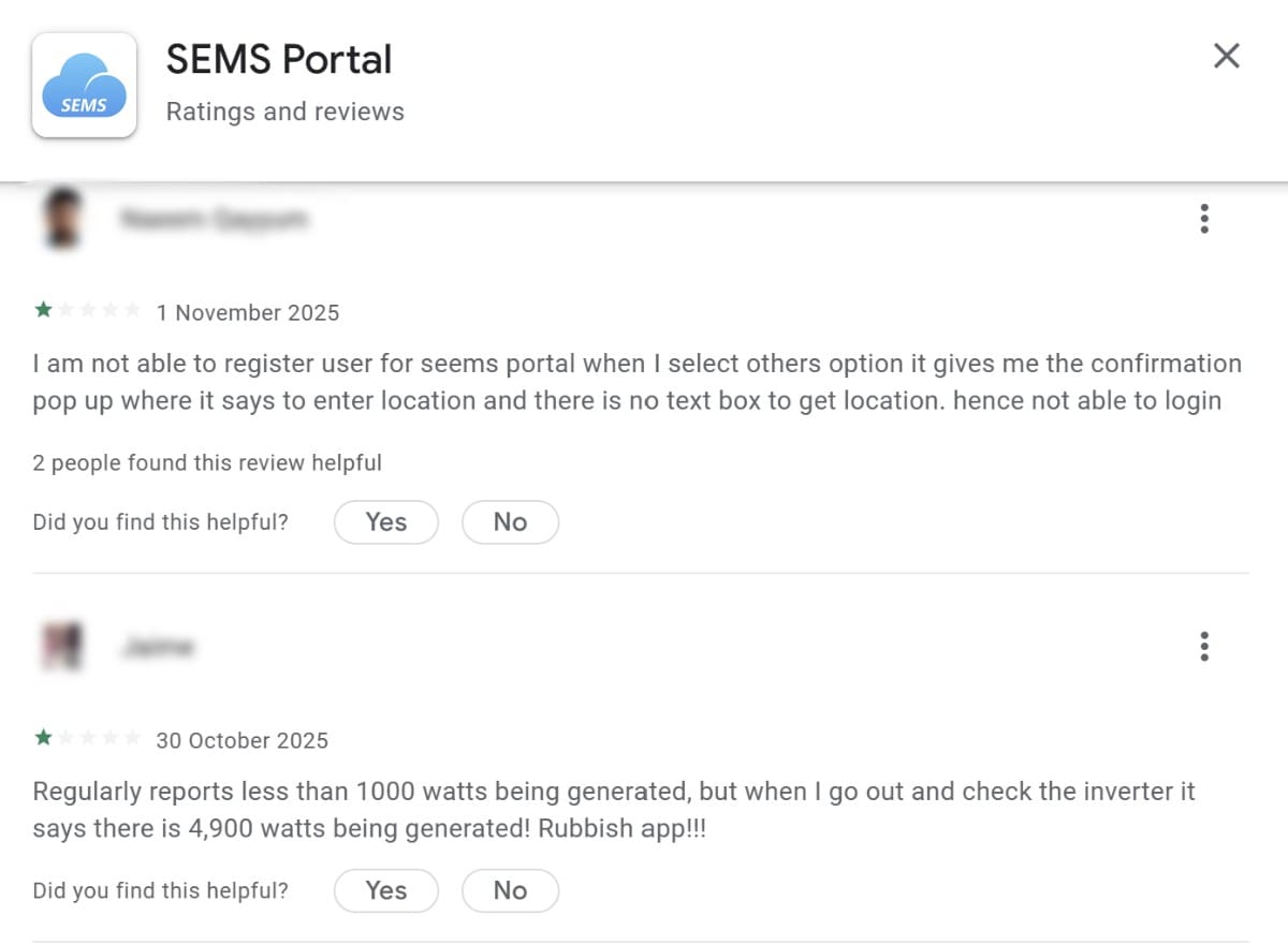 Negative reviews of Goodwe's app