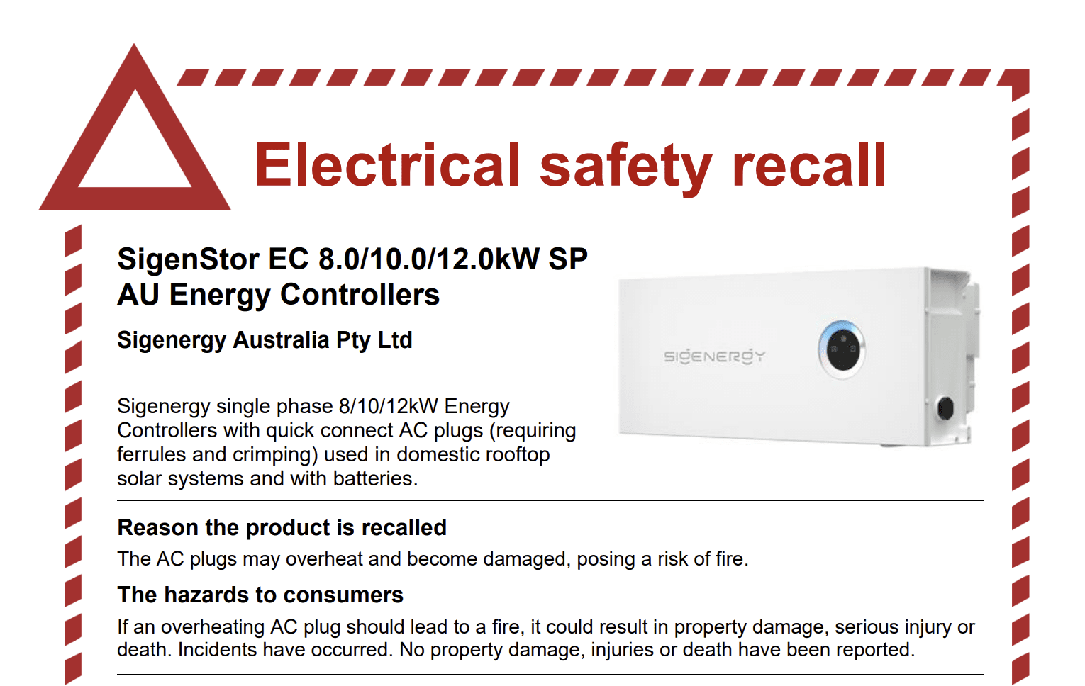 A recall notice for Sigenergy