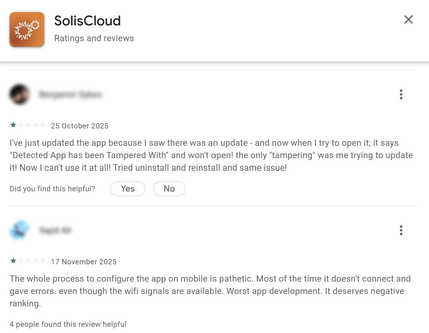 Negative reviews of the Solis app.