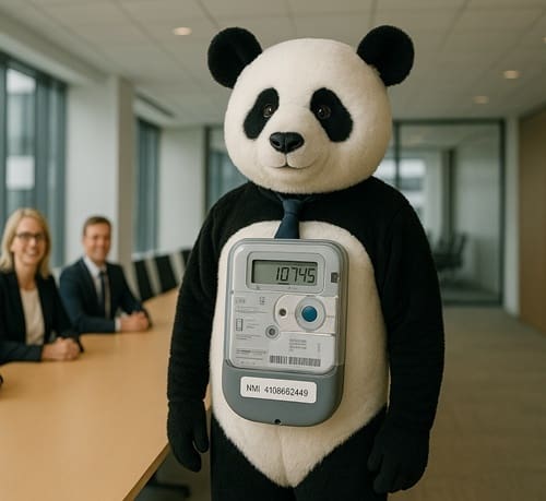 A chief executive wearing smart meter themed panda bear costume.