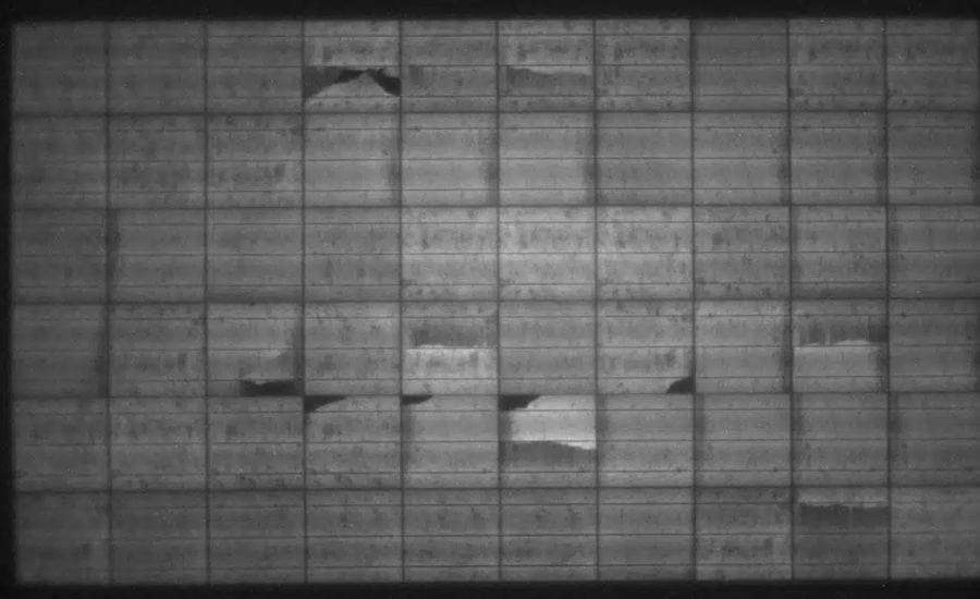 Microcracks in a solar panel revealed with Electroluminescence (EL) imaging.