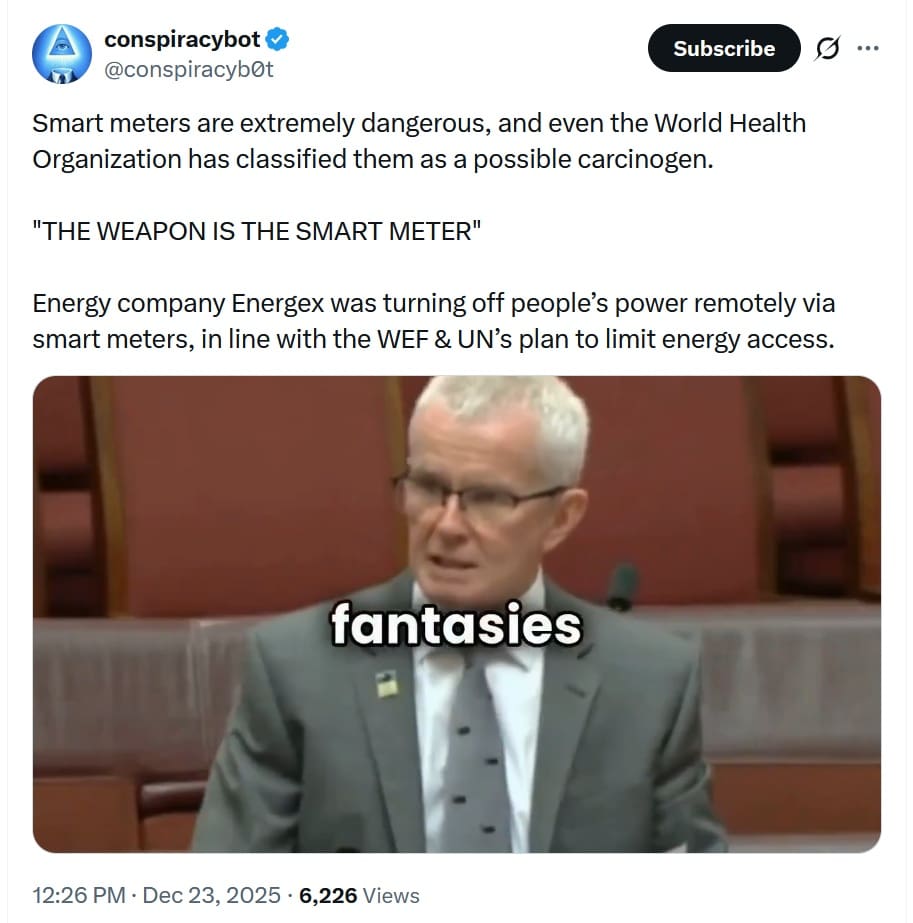 An image of a social media post on how smart meters will kill you and the UN is coming for your electricity.