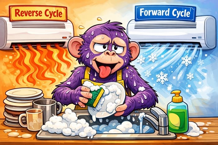 A purple monkey washing dishes under two air conditioners.