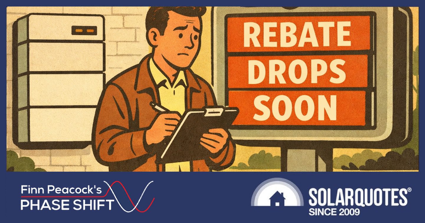 A man with a clipboard next to a battery rebate sign