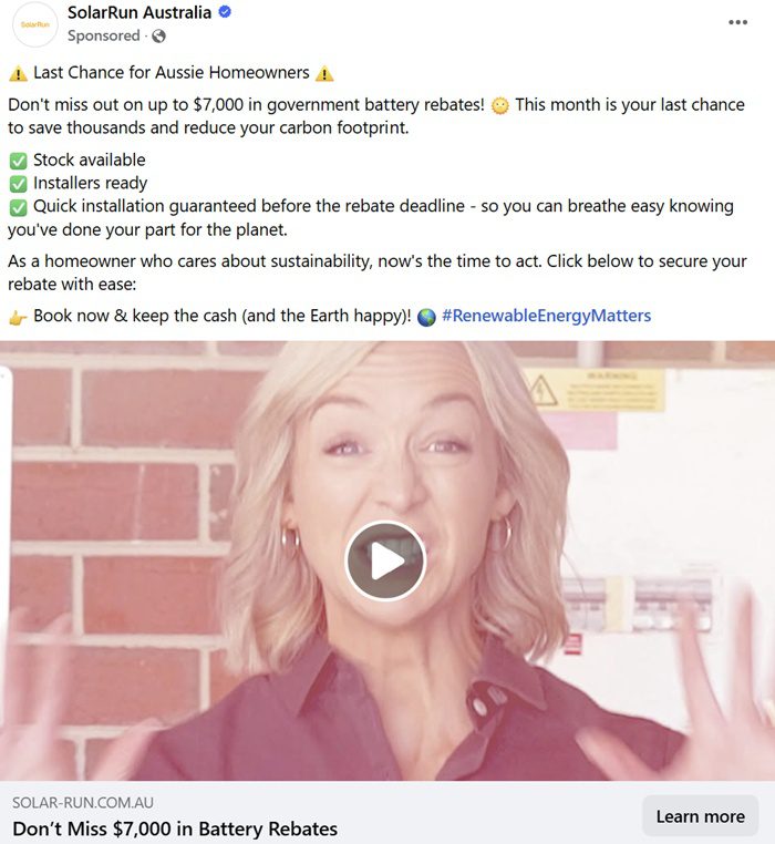 Solarrun online advert on "last chance" for federal battery rebate.