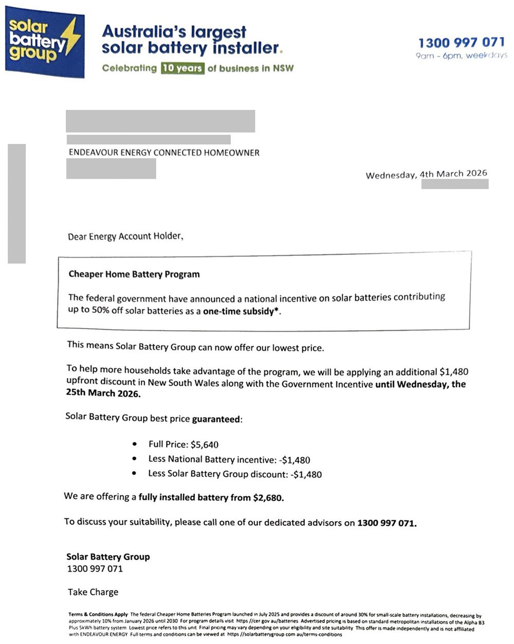 Solar Battery Group's NSW mailout, advertising a puny 5kWh battery.