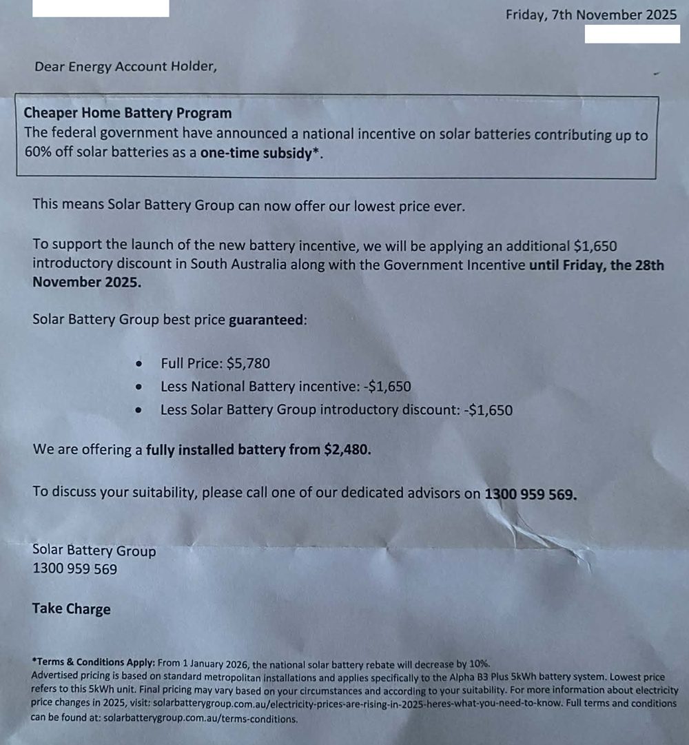 Solar Battery Group advertising mailout letter, November 2025.