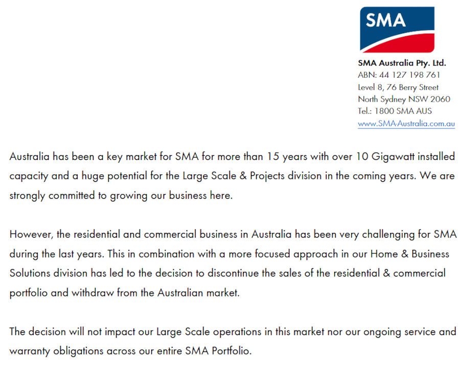 SMA Australia notice abandoning Australia