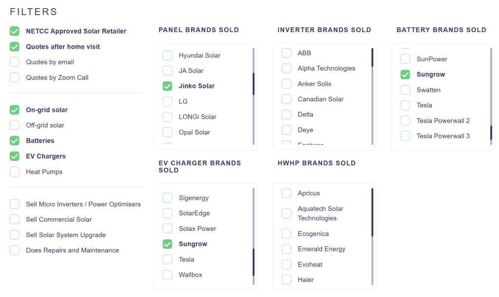 Filter options with the find my installer tool