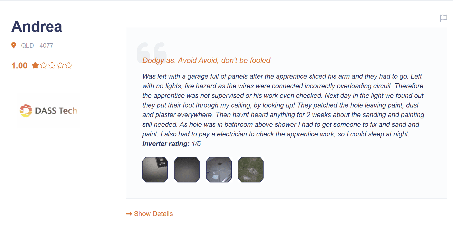Example of a 1 star solar review.