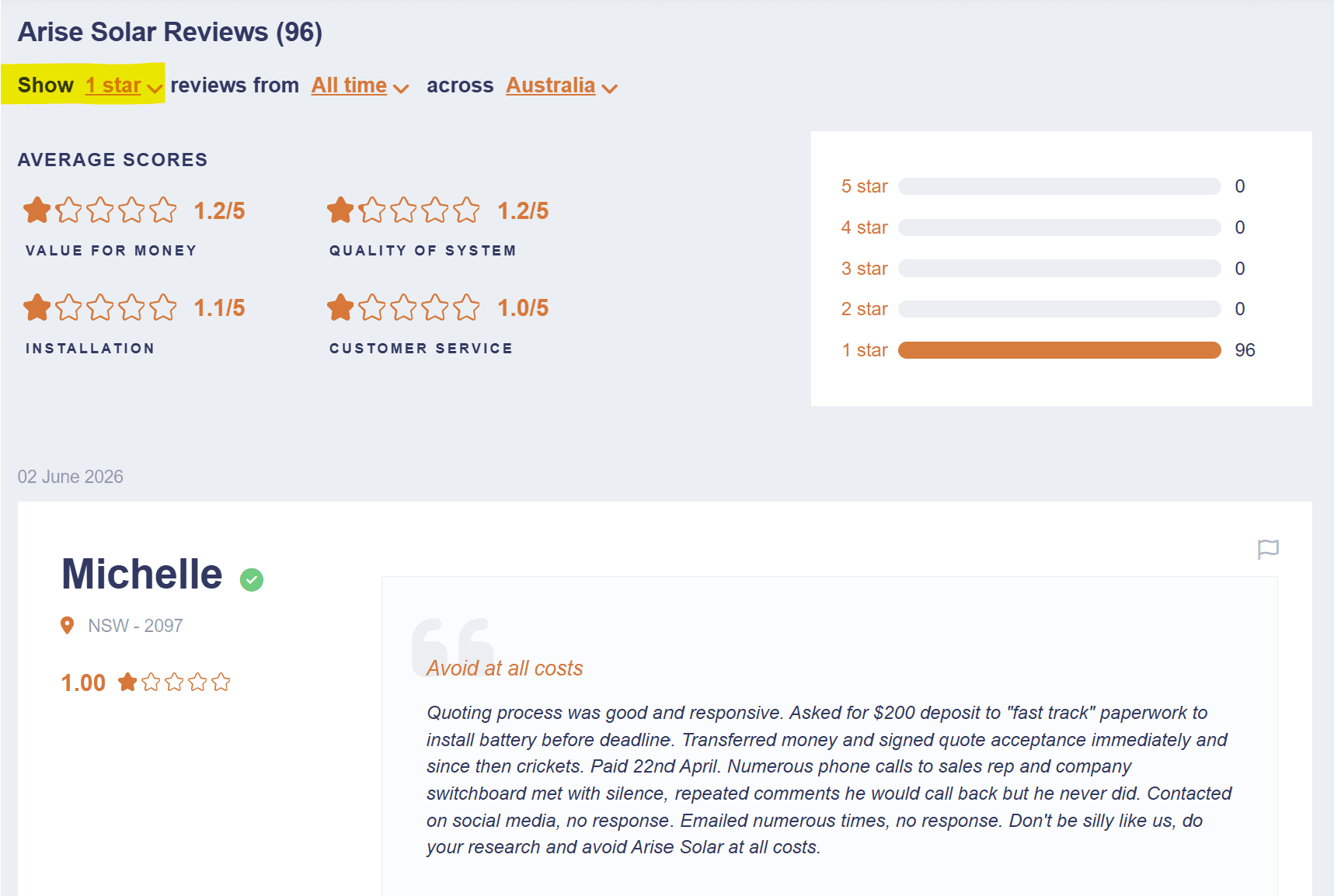 How to sort by 1 star solar reviews
