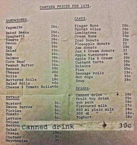 canteen prices for 1978