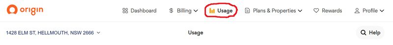 Image showing where usage is on an Origin Energy account page. (It also reveals that my sister lives in Hellmouth.)