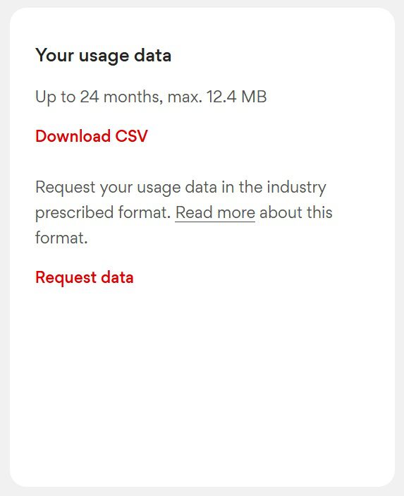 Where to click to request a NEM12 smart meter file from Origin Energy