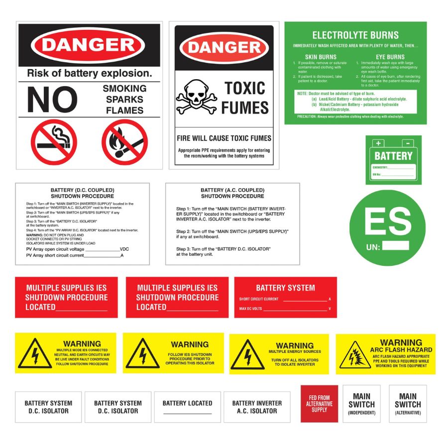 Solar battery compliance labels diagram.