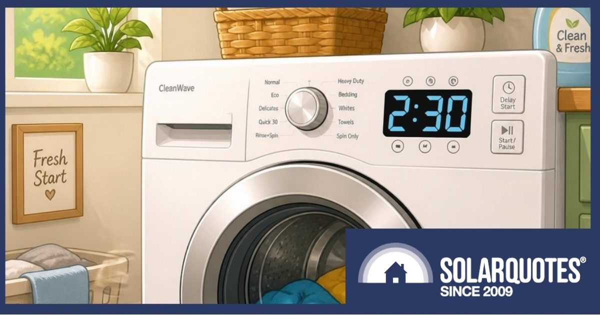 Cartoon image of a washing machine on a timer.