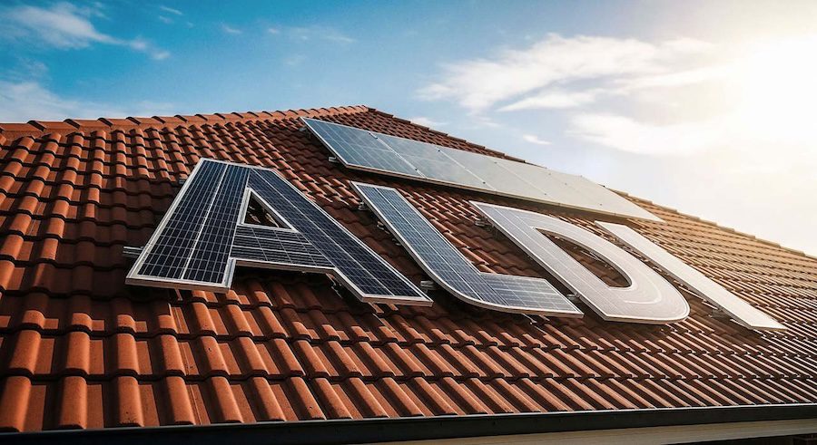 Solar panels on a roof that spell out Aldi.