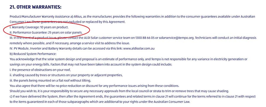 Terms and conditions for clause 21 of Aldi Solar with the warranty coverage circled in red.