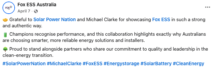 Facebook post showing congratulations to Solar Power Nation from Fox Ess.