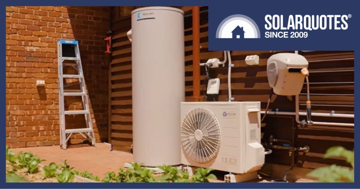 A heat pump hot water system with the words SolarQuotes in the upper right hand corner.
