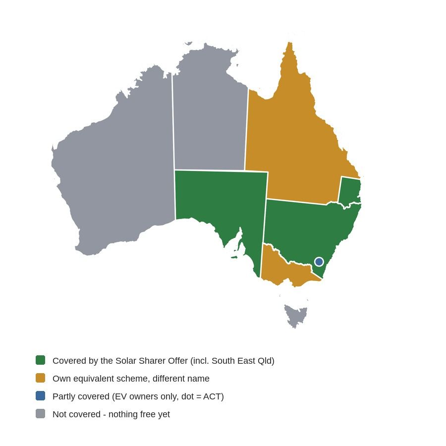 Map of Australia with each state a different colour to show the Solar Sharer alternatives.