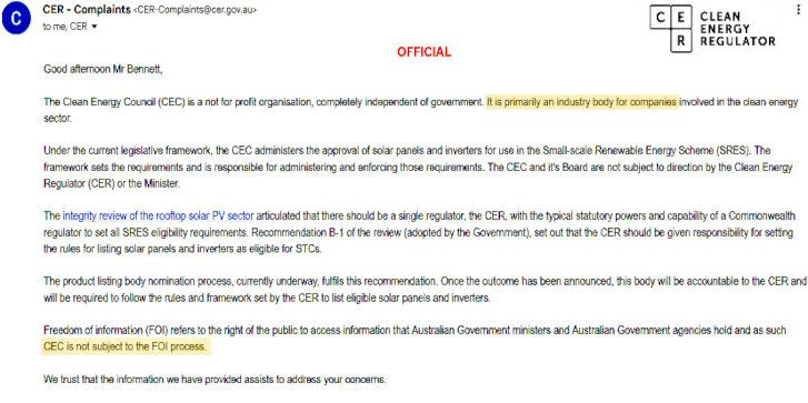 clean energy regulator letter