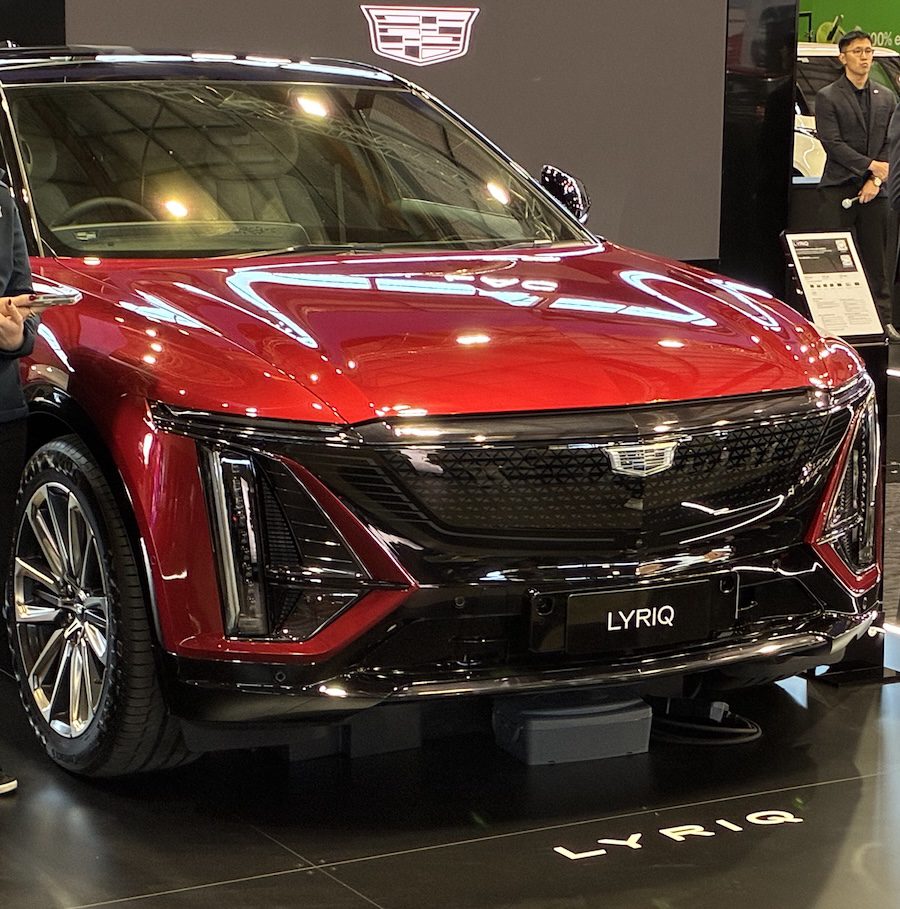 The front of a red Cadillac Lyriq.