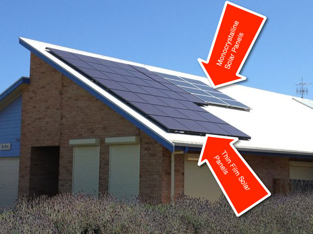 A roof with thin film and mono solar panels on it
