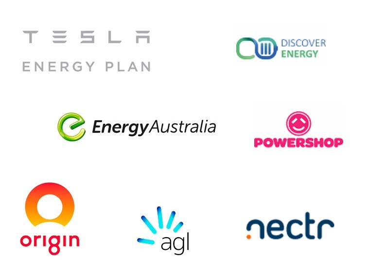 tesla energy plan, discovery enrgy, energy australia, powershop, origin, agl and nectr logos