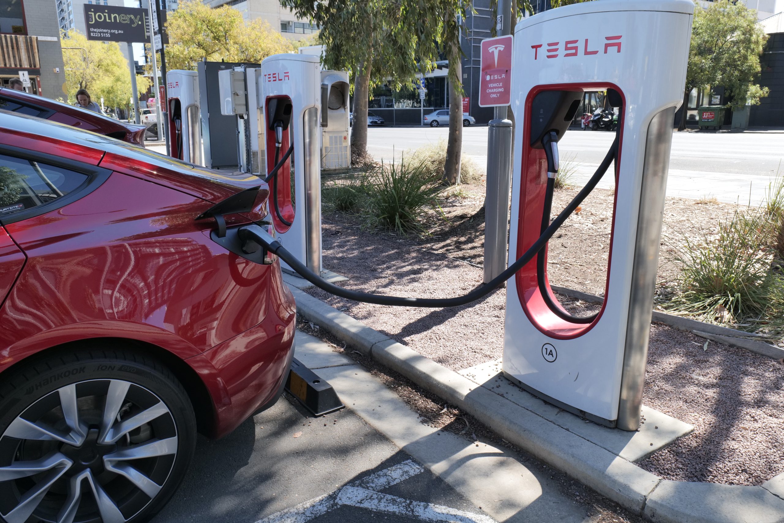 A Tesla Supercharger station