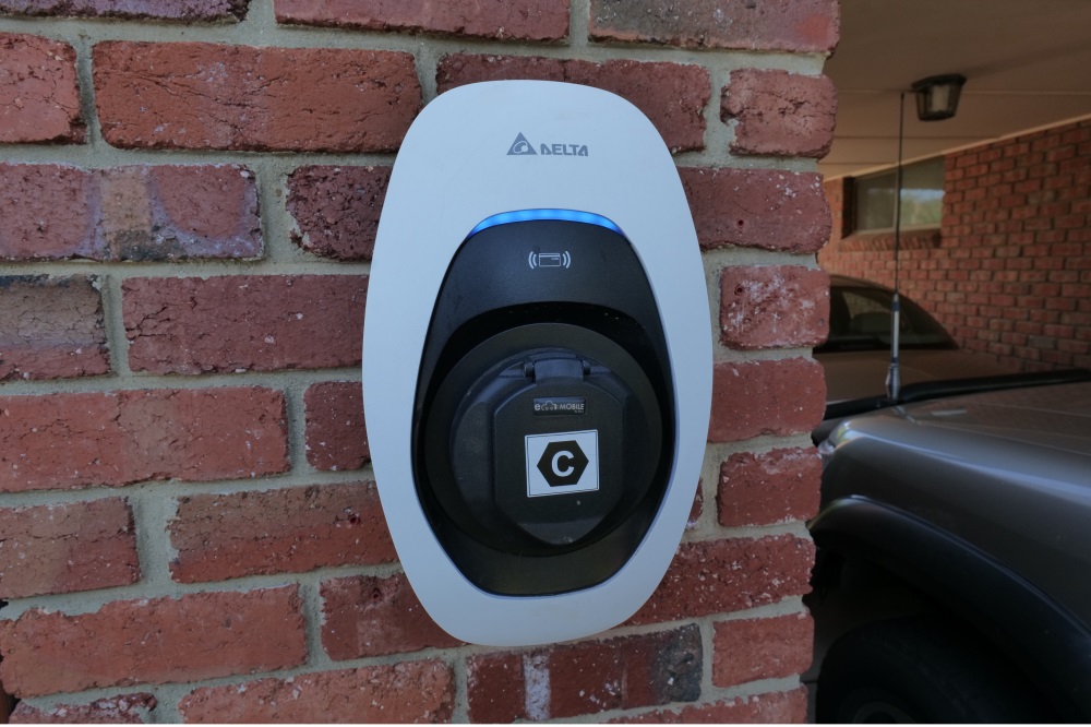 A hard-wired home ev charger by Delta.