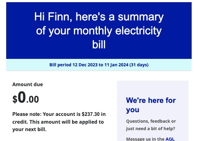 Finn's electricity bill with $237.30 credit.