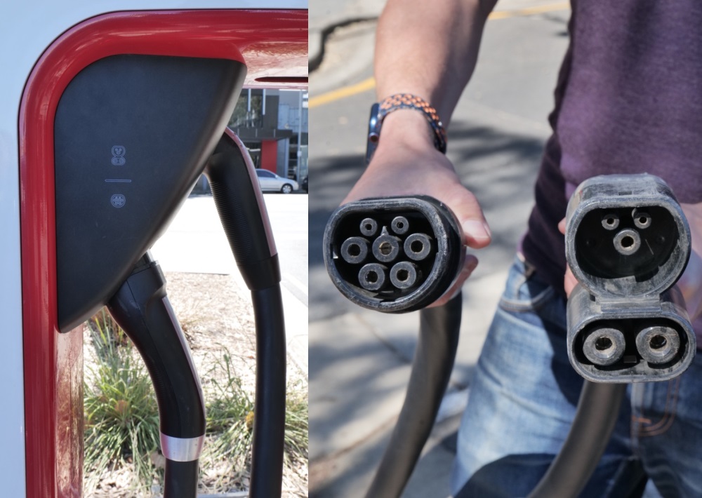 A Tesla Supercharger its Type 2 plug and CCS2 plug