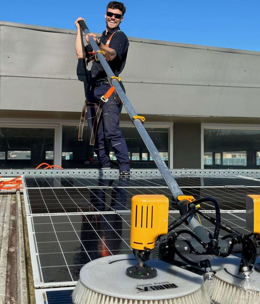 Solar panel cleaning with specialized equipment