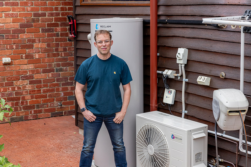 Finn Peacock with his Reclaim hot water heat pump