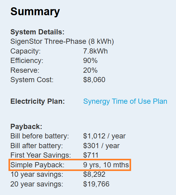 A screenshot of our Add Battery calculator's output showing the simple payback period of a battery purchase after the WA battery rebate has been applied.