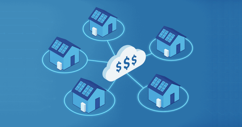 multiple solar-powered homes with batteries linked to a cloud showing dollar signs, representing a Virtual Power Plant (VPP) earning REPS battery incentives in South Australia.