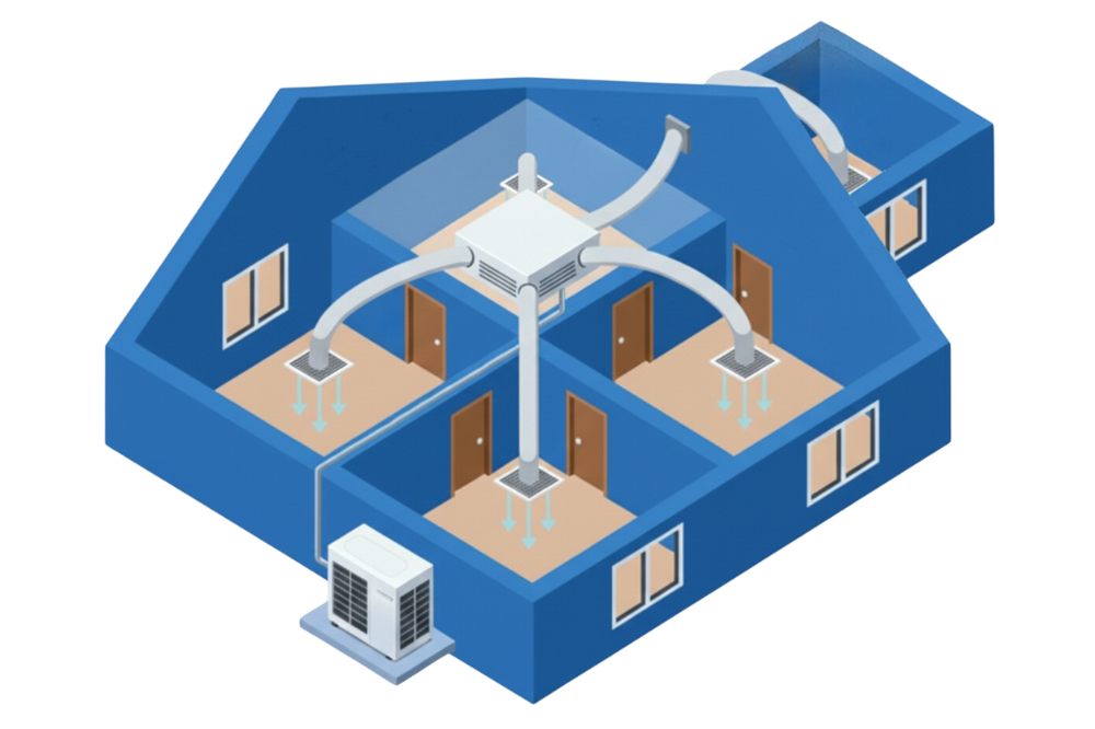 A ducted air-conditioning system has one outdoor unit connected to a central unit in the roof that disperses conditioned air to all rooms through ducts.