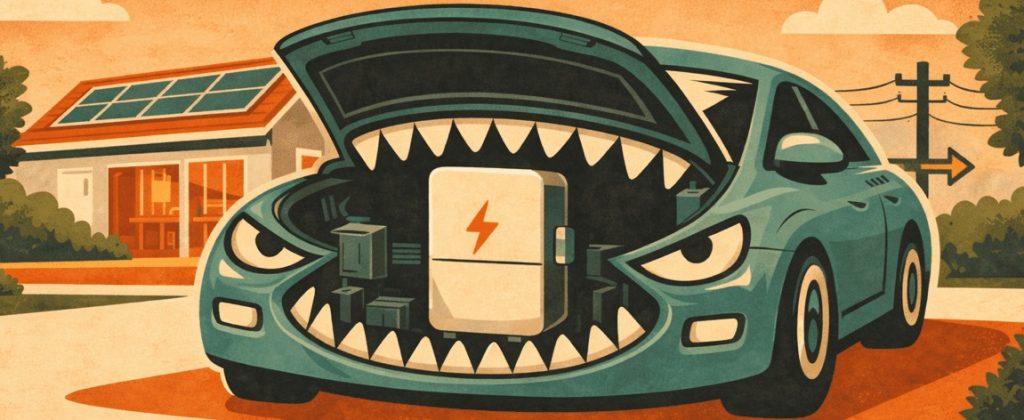 A cartoon of an EV with teeth "eating" a home battery