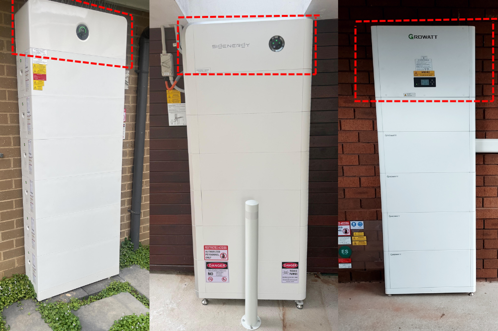 A Goodwe, Sigenergy and Growatt battery stack with their inverter as the top module.