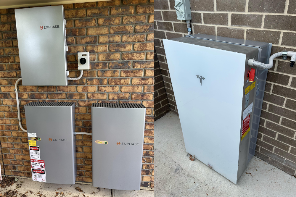 Two Enphase units and a Powerwall 3 stacked with its expansion unit